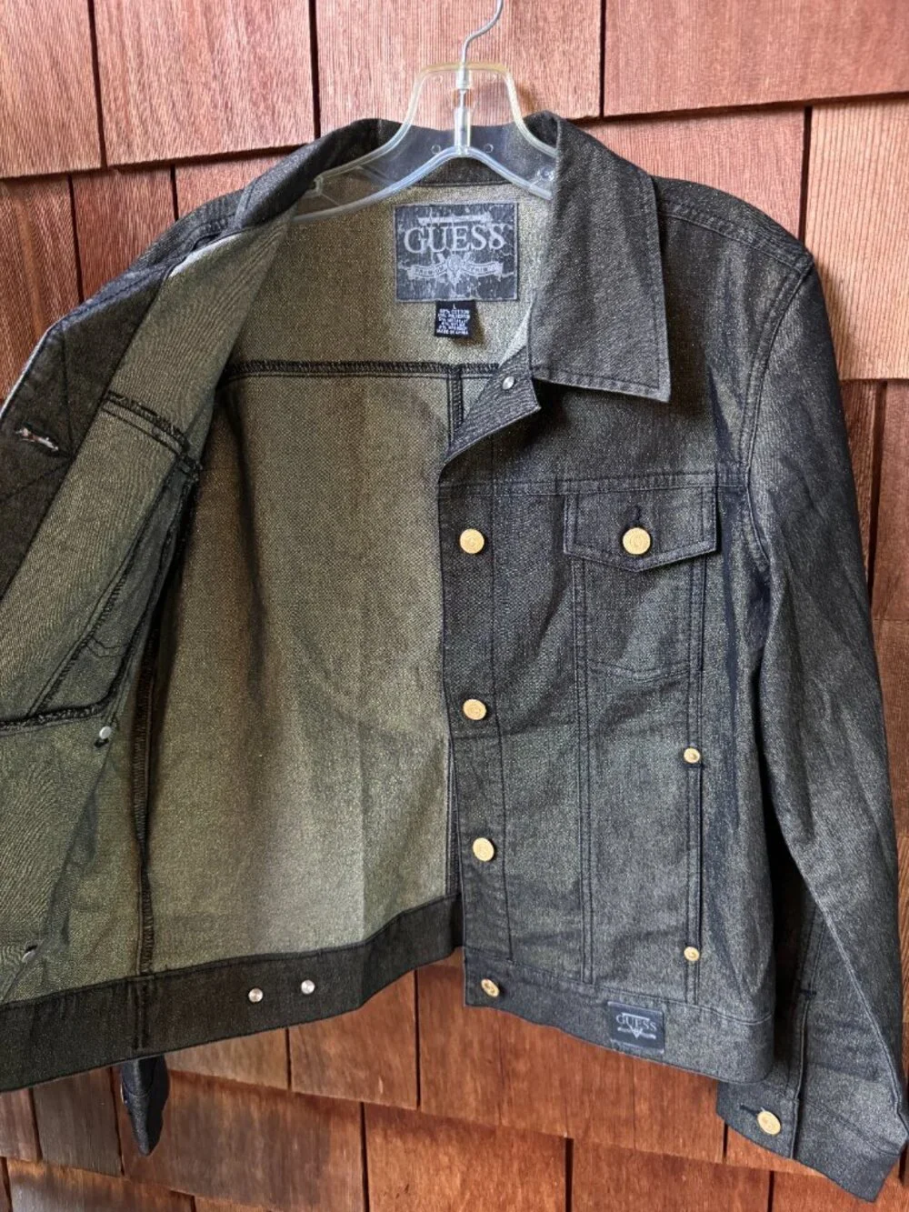 Vintage GUESS Metallic Gold Thread Black Denim Trucker Jacket in Women's Large